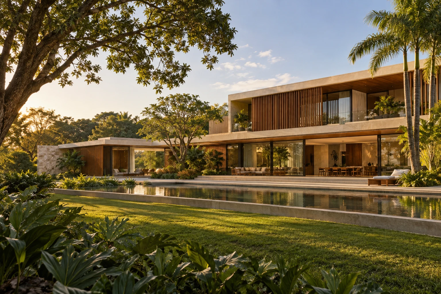 Estudo visual de residência contemporânea com jardim e espelho d’água